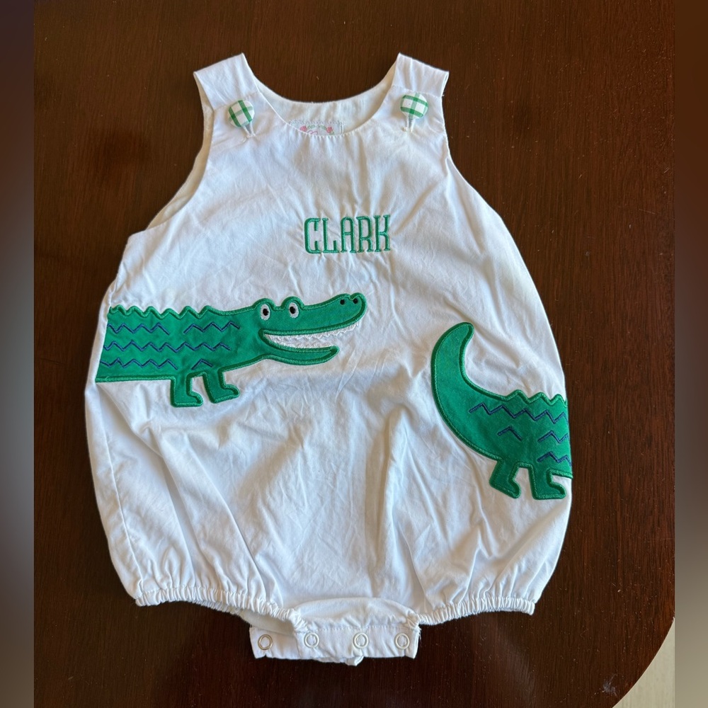 Cecil and Lou White and Green Alligator Baby Romper